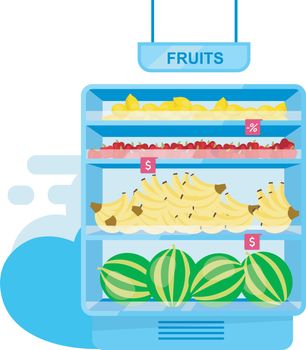 Shelf with fruits in store flat vector illustration. Farming and