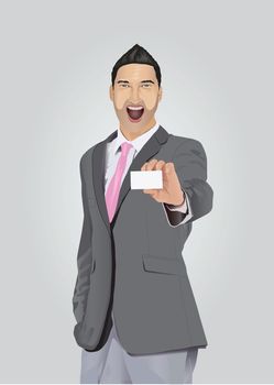 Excited businessman with facial hair showing business card
