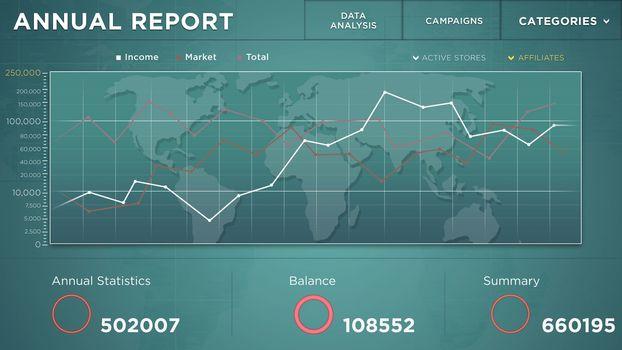 Mock up animation of annual data report on green blue background