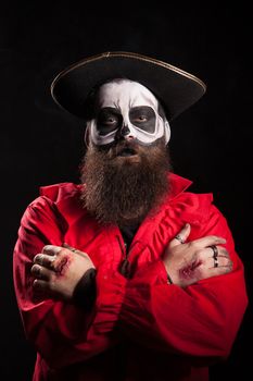 Spooky bearded man with pirate outfit for halloween