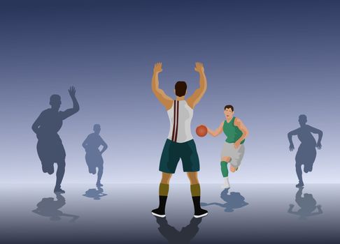 Competing basketball team is. Basketball player silhouette background.