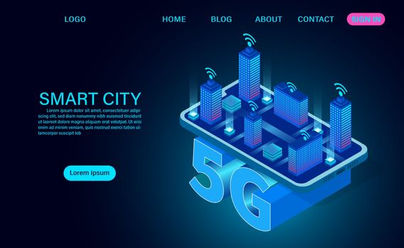Smart city concept buildings with 5G symbol wireless internet
