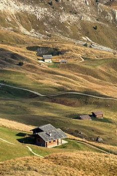 Chalet closeup from seceda plateau,  Dolomites, Italy, Europe