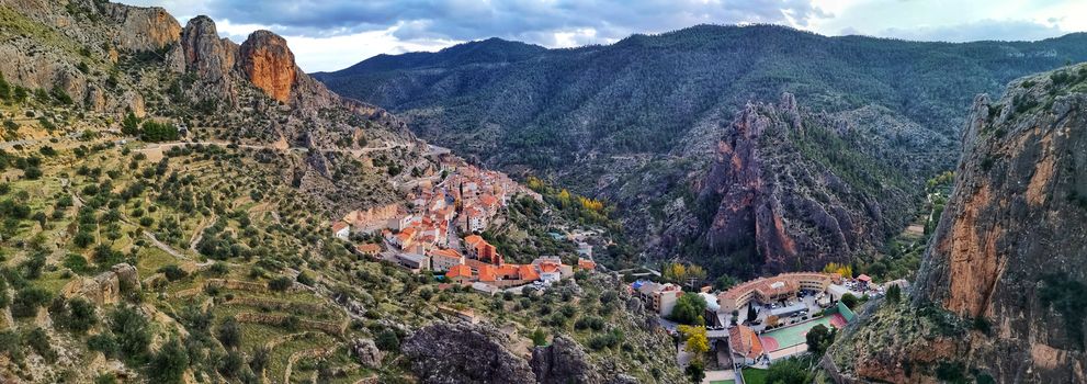 Panoramic view of Ayna, population of the Sierra del Segura in Albacete Spain. Village located between the mountains and the river world that makes an orchard for this fertile area