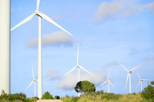 Windmills rotating in Spanish wind farm against cloudy sky. Copy space for text
