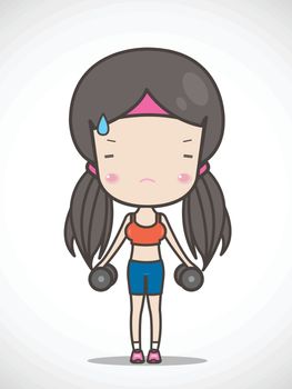 cute girl exercising hold in dumbbell hand, vector illustration
