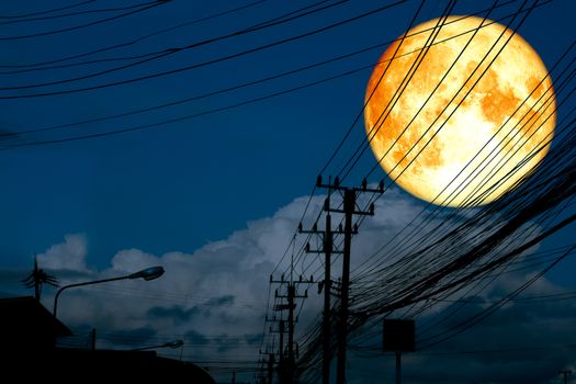 super full blood moon back silhouette power electric line and pi