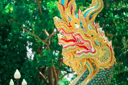 The art of Thai culture, stucco, green Naga decorated by the roo