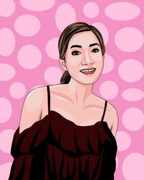 Vector illustration of a beautiful woman wearing a dark off-shoulder shirt On a pink circle pattern background.