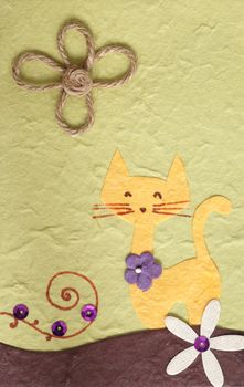 Papercraft Cat and flower green background