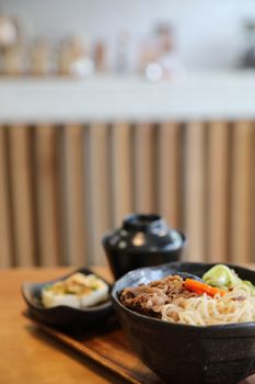 Sukiyaki donburi , sukiyaki hot pot stew with Japanese rice in b
