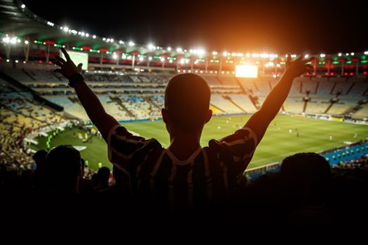 Football fans support team on crowded soccer stadium.