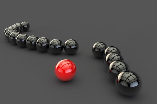 Broken chain of black 3D balls with a reflective coating and a red ball standing separately, standing on a gray surface