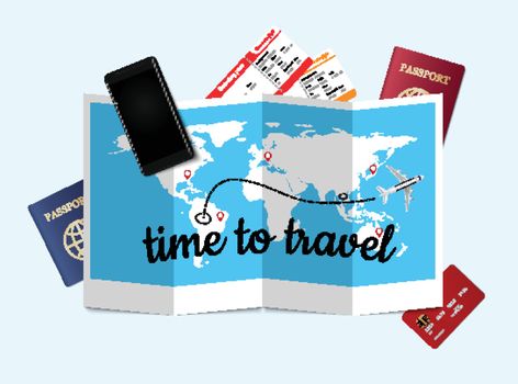 Travel concept background, passport, boarding pass, credit cart