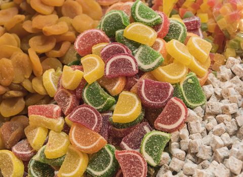 Closeup of sugary fruit sweets at a market