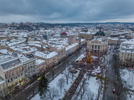 Lviv, Ukraine, December. Arial shot. Lvov Opera house. Christmas tree