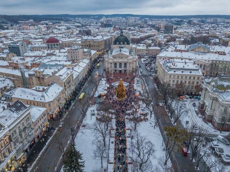 Lviv, Ukraine, December. Arial shot. Lvov Opera house. Christmas tree