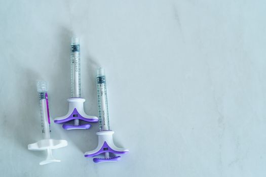 Group of plastic syringe for filler injection  on white backgrou