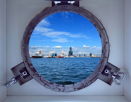 Beautiful Kaohsiung Port Seen Through a Porthole of a Ship
