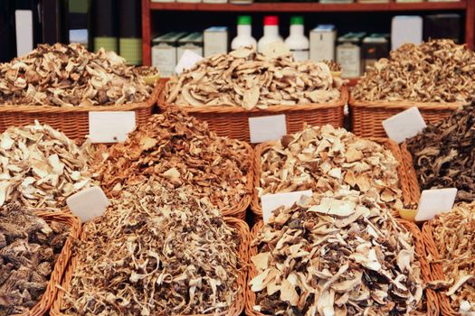 Dried mushrooms in market