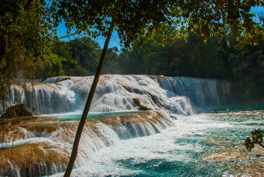 Magnificent waterfall in Mexico, beautiful scenery overlooking the waterfall Agua Azul near Palenque. Chiapas.