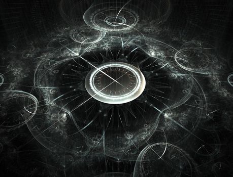 Time Machine. Mechanism of eternity. 3D surreal illustration. Fractal Time series.