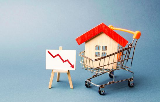 House in the shopping cart and a stand with red chart arrow down. The fall of the real estate market. concept of value or cost decrease. low liquidity and attractiveness. cheap rent or cost of buying.