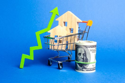 Two wooden houses in a trading cart and green arrow up and money bundle. Increasing cost and liquidity of real estate. Attractive investing. rising prices or renting. growth demand, rates of sales.