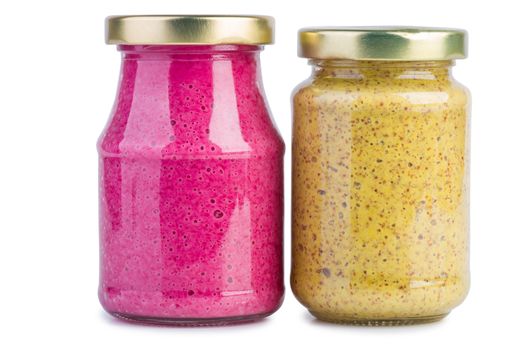 Glass jars with mustard horseradish sauce