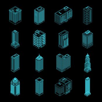 Vector Isometric Holography City Building Set.