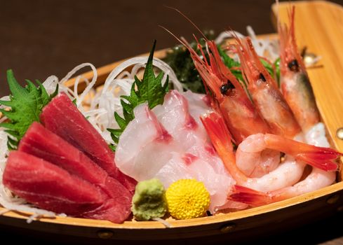 Assorted sashimi platter. Sashimi is fillet of raw fish.