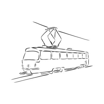 Isolated vector illustration of a tram. Public urban transportation. Hand drawn linear doodle ink sketch. Black silhouette on white background. tram vector sketch illustration