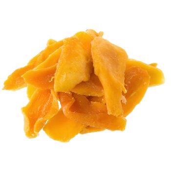 Ripe yellow Dried mango fruit slices isolated on white backgroun