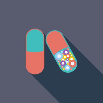 Pills icon. Flat vector related icon with long shadow for web and mobile applications. It can be used as - logo, pictogram, icon, infographic element. Vector Illustration.