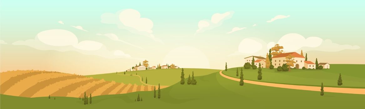 Autumn in hilltop village flat color vector illustration. Luxury Italian villas 2D cartoon landscape. Tuscan scenery. European countryside. Farmland scene. Harvest season. Agricultural field