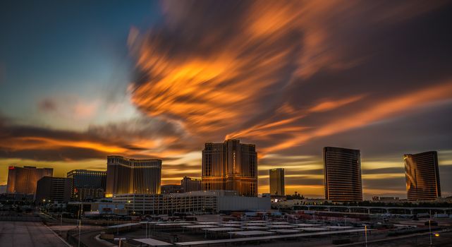 Dramatic sunset above casinos on the Las Vegas Strip