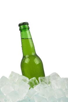 One bottle of cold lager beer on ice cubes