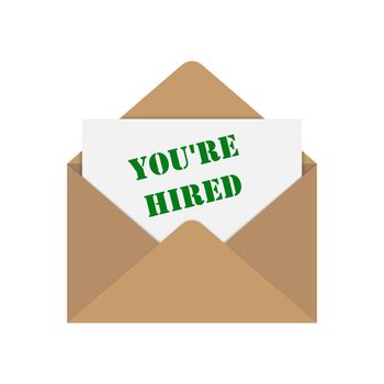 envelope with the letter and the words you're hired