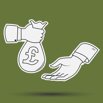 Bag with pound sterling is transferred from hand to hand
