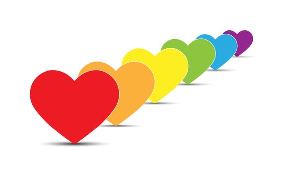 Six symbols of hearts in colors of LGBT