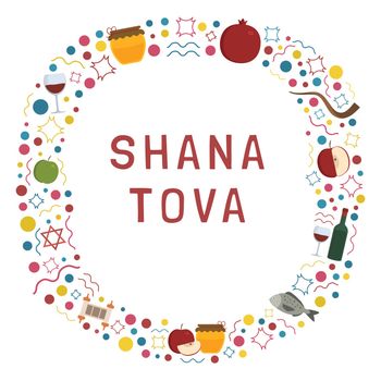 Frame with Rosh Hashanah holiday flat design icons with text in 