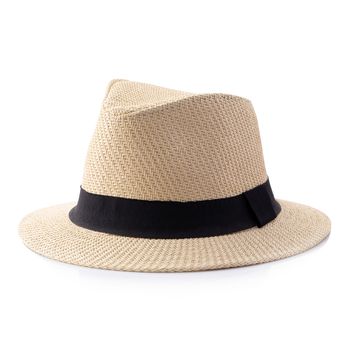 Vintage Straw hat with black ribbon for man isolated over white 