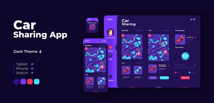 Car sharing app screen vector adaptive design template