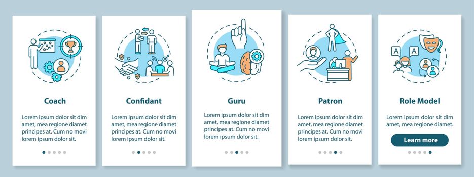 Role model types onboarding mobile app page screen with concepts