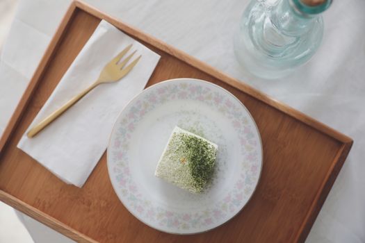 Green tea Macha cake japanese style dessert on top view