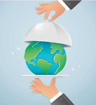 Hands holding silver cloche with earth. world food day vector illustration EPS10