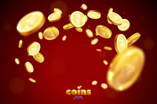 Vector illustration of an explosion of gold coins in a retro frame. Vintage frame with incandescent lamps. Background for the casino.