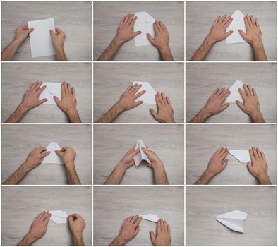 How to make origami paper airplane step by step photo instruction on wooden table with arms.