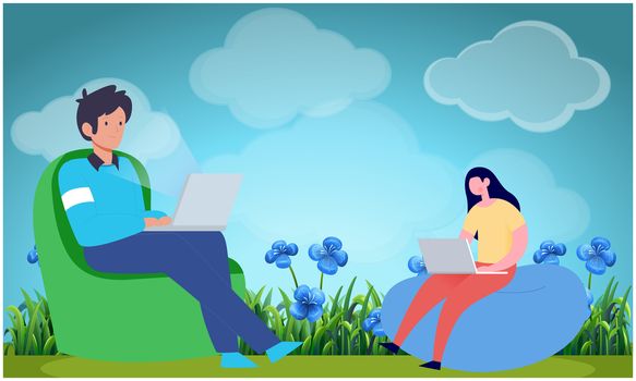 boy and girl sitting in a garden working on laptop
