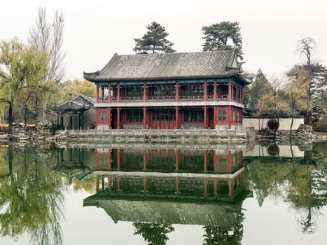 Little pavilions next the lake inside the Imperial Summer Palace of The Mountain Resort in Chengde.